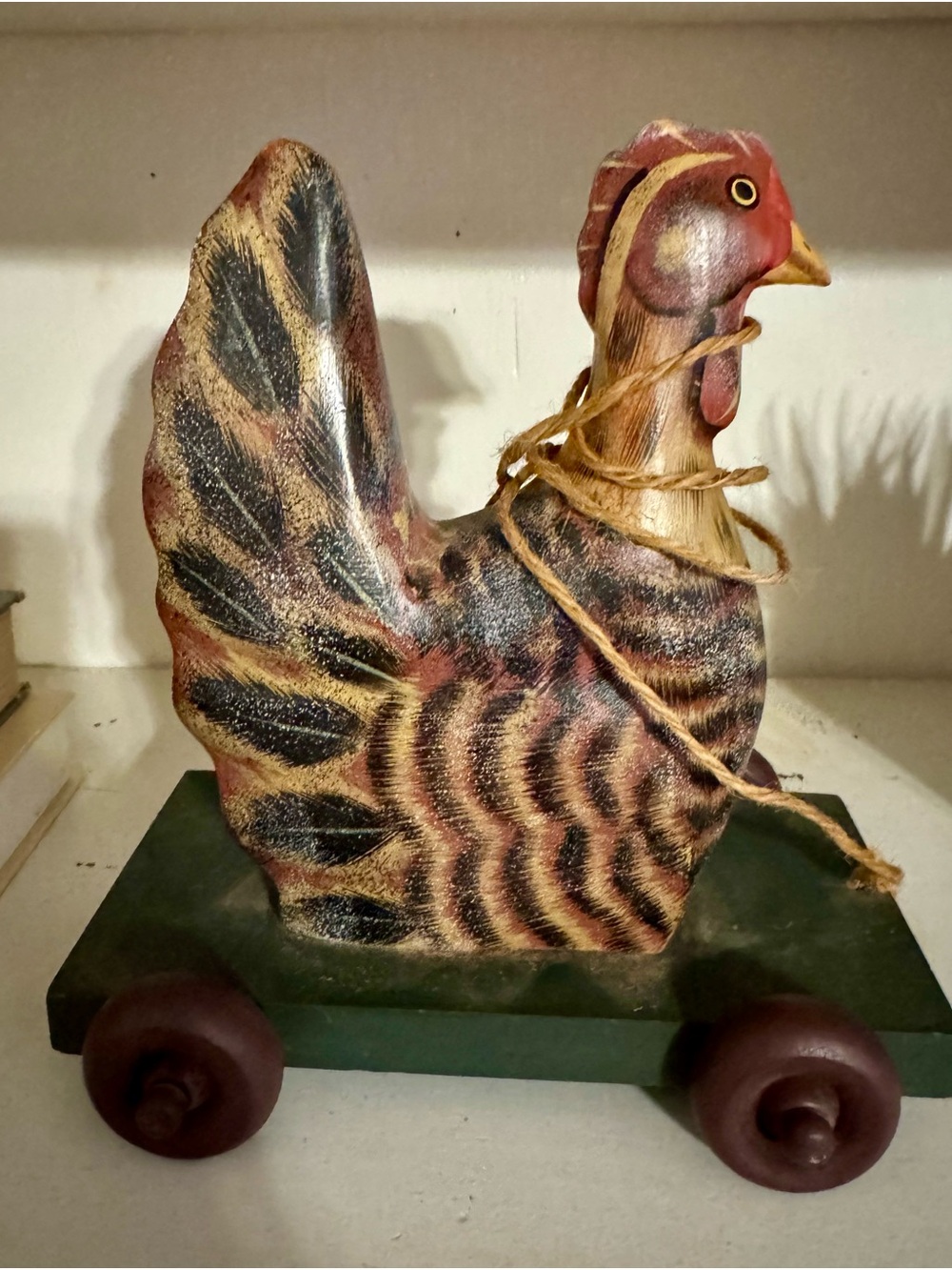 Vintage Handcrafted Wooden Rooster Pull Toy in Multi-Tone Red and Brown